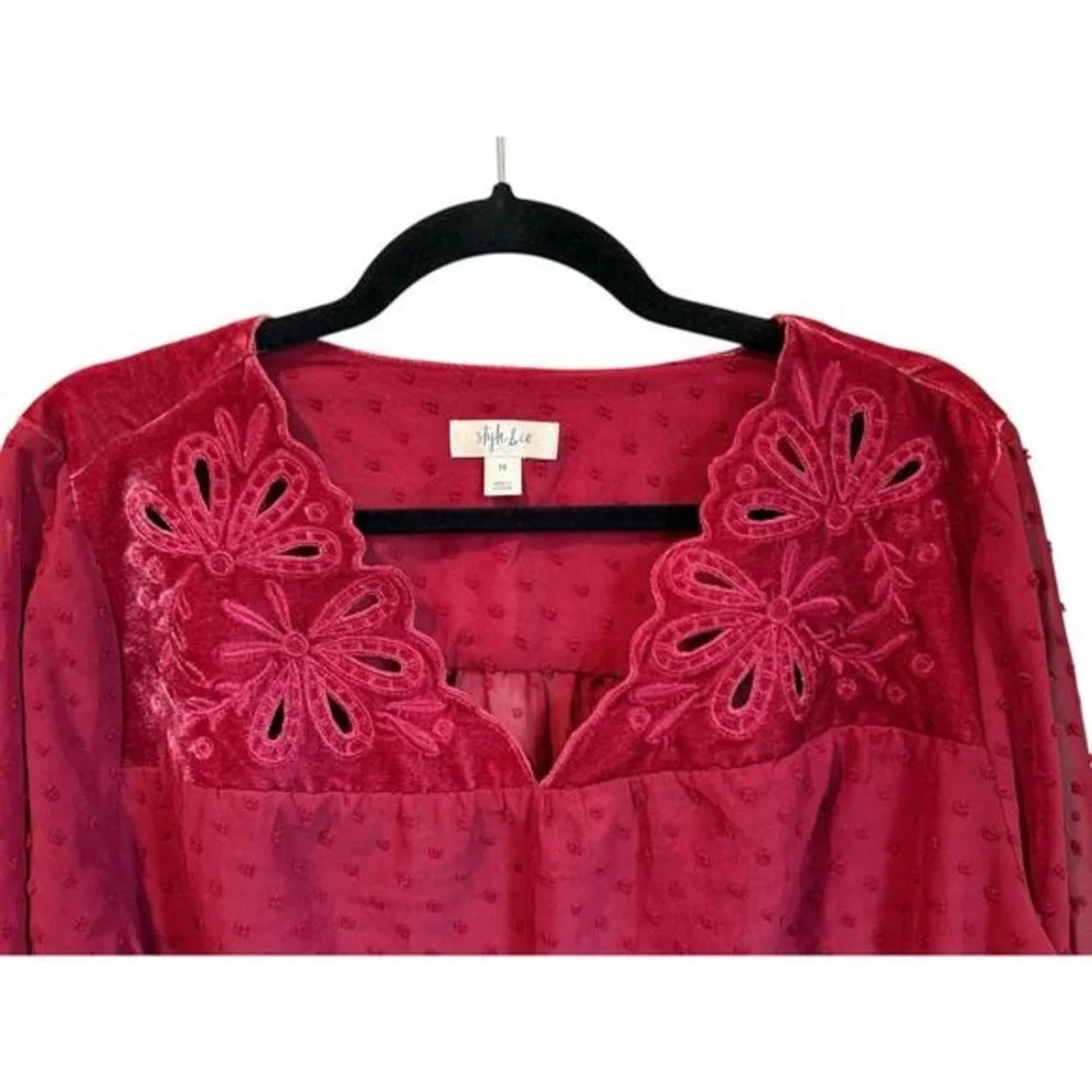 Style & Co Red Swiss Dot Embroidered Boho Blouse 1X Velvet Trim - Picture 4 of 9